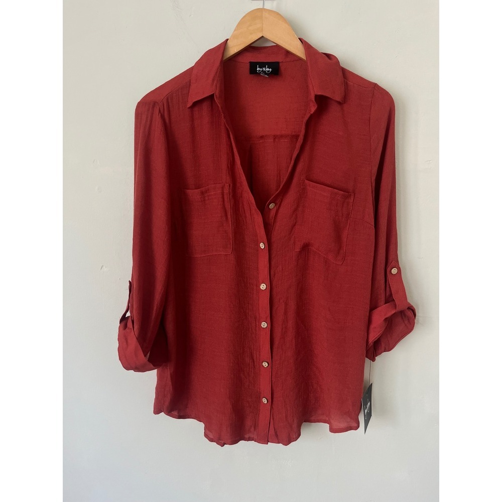 By & By Terracotta Roll Tab Sleeve Button Down Shirt minimalist boho Large NWT